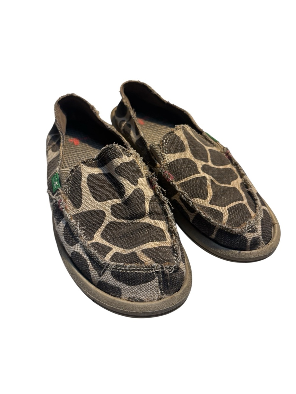 Sanuk Canvas Shoes Size 7 Slip-On Flats Brown Giraffe Animal Print Hemp Loafers - Picture 2 of 13